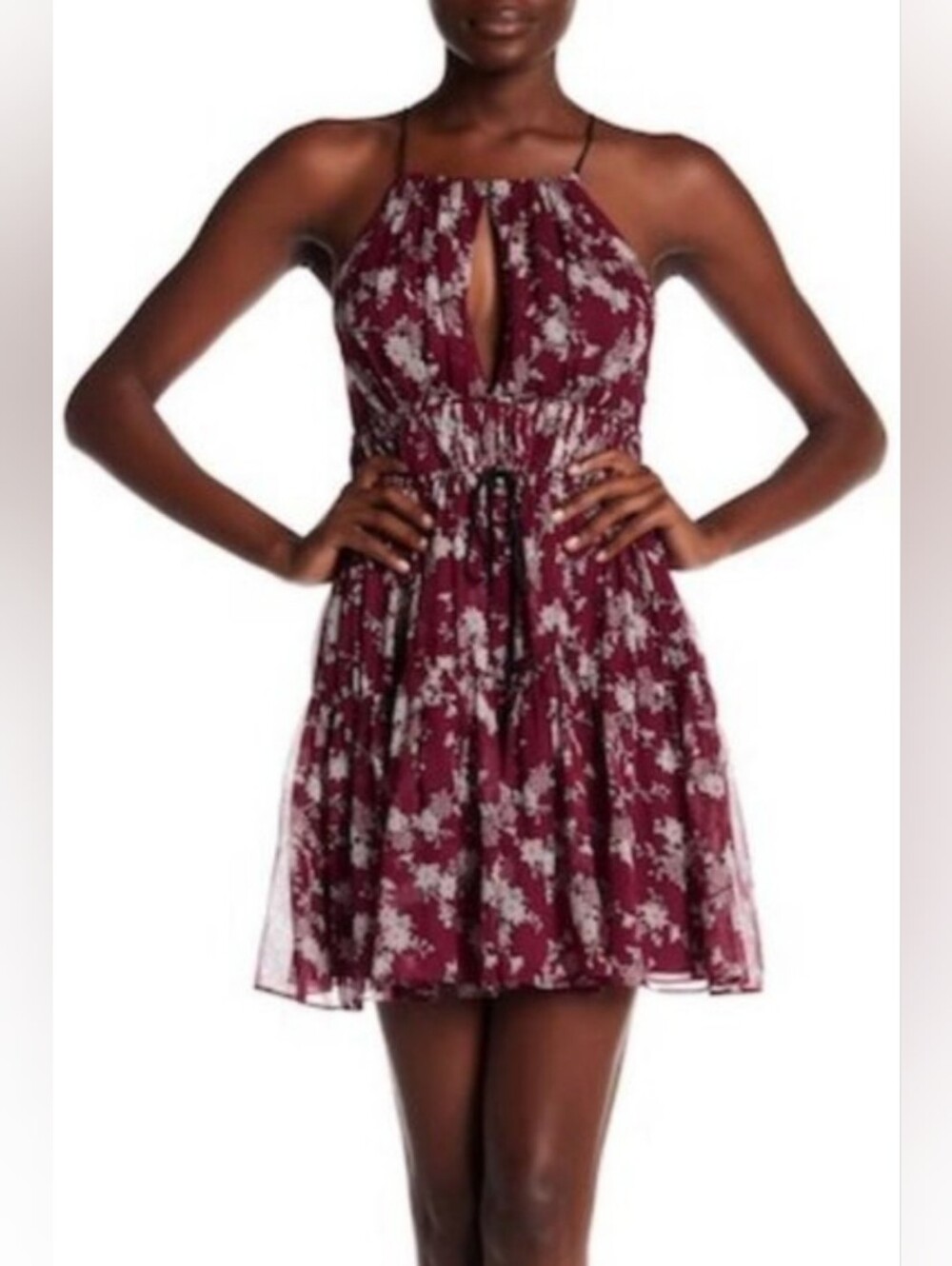 Cinq a Sept Lotus 100% Silk Burgundy Floral Drawstring Keyhole Mini Dress Size S